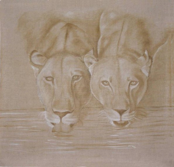 couple lion huile sur lin 100 100
